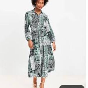 LOFT Green and Black Patterned Midi Dress
